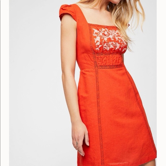 Free People Dresses & Skirts - Free‎ People Milk and Honey Orange Embroidered Square-Neck Mini Dress